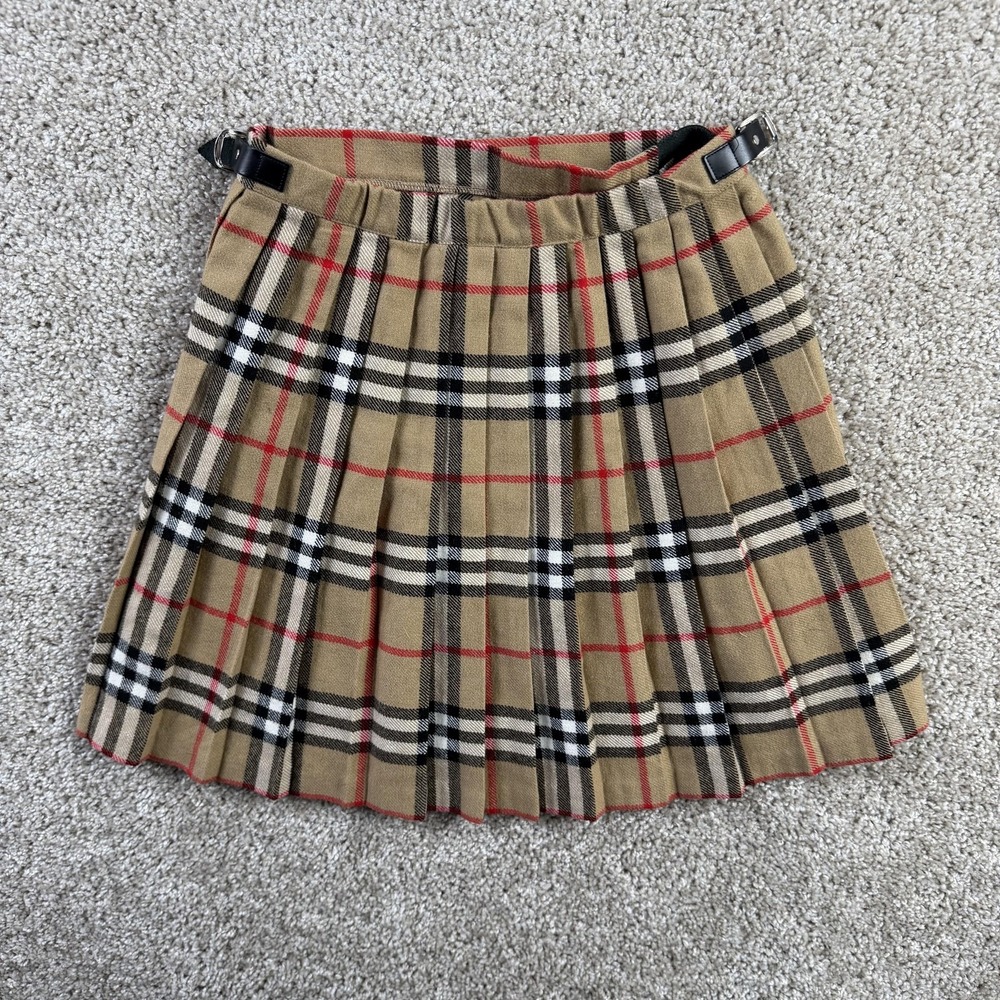 O'Neil Of Dublin Skirt Girls 6/7 Beige Plaid Pleated Buckle Kilt Ireland